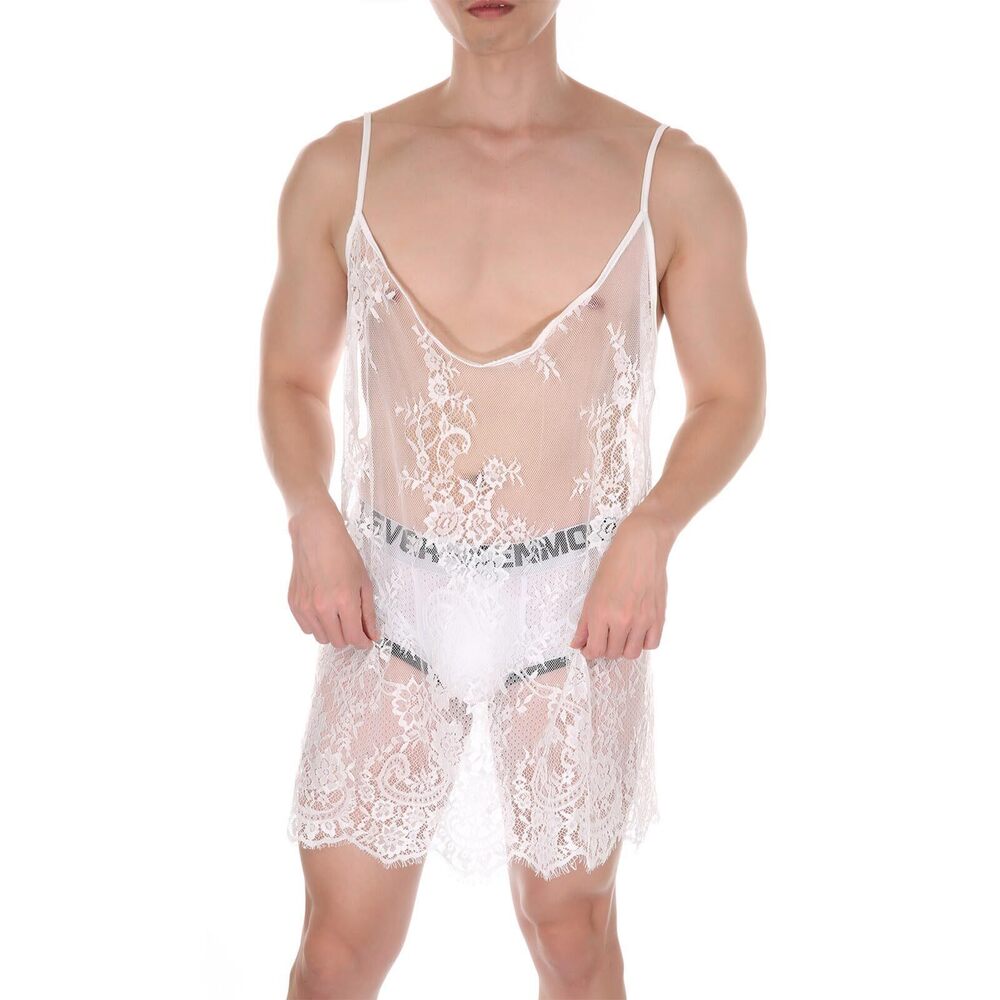 9902 Sissy Floral Lace Dress Sexy Babydoll Chemise See-through V Neck Slip